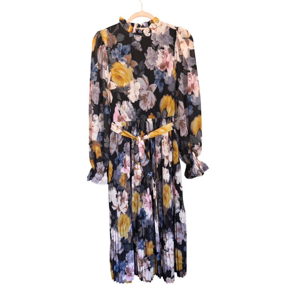 Flying‎ Tomato Floral Pleated Midi Dress Mock Neck Long Sleeve Black Gold Small